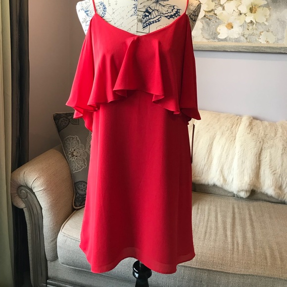 NWT Red Chiffon cold shoulder red dress - Picture 2 of 7